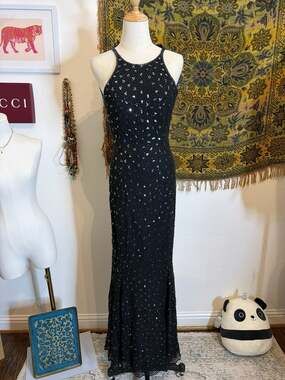 Vintage Sean Collection 100% Silk Beaded and Sequin Halter Open Back Maxi Dress